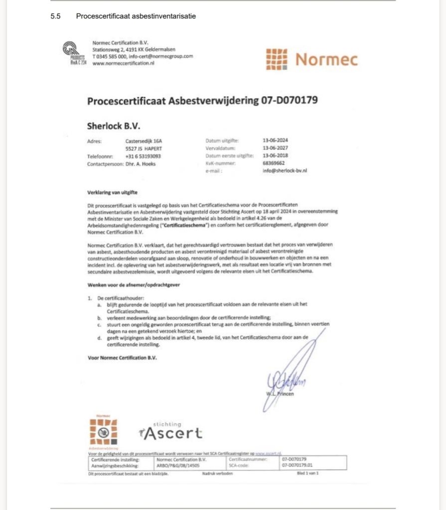 Procescertificaat asbestverwijdering voor Sherlock B.V.