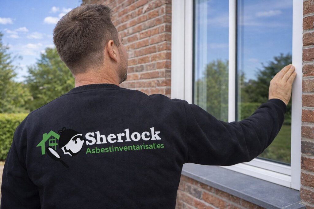 Man inspecteert raam aan buitenkant gebouw.