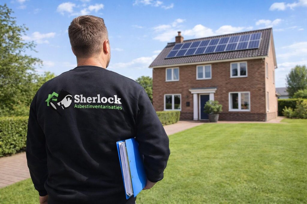 Man met map bij huis met zonnepanelen